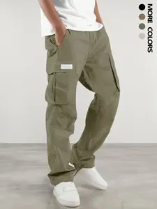 Men's Plain Color Patched Flap Pocket Drawstring Waist Cargo Pants, Street Fashion Loose Straight Leg Trousers for Daily Wear, Menswear, Men's Bottoms for All Seasons