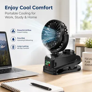 Portable Mini Desk Clip Fan with Water Spray, 360° Rotatable Hanging Fan with 4 Adjustable Speeds, Rechargeable Air Cooler for Home Office Travel Bed Stroller Camping Outdoor, USB Rechargeable Fan