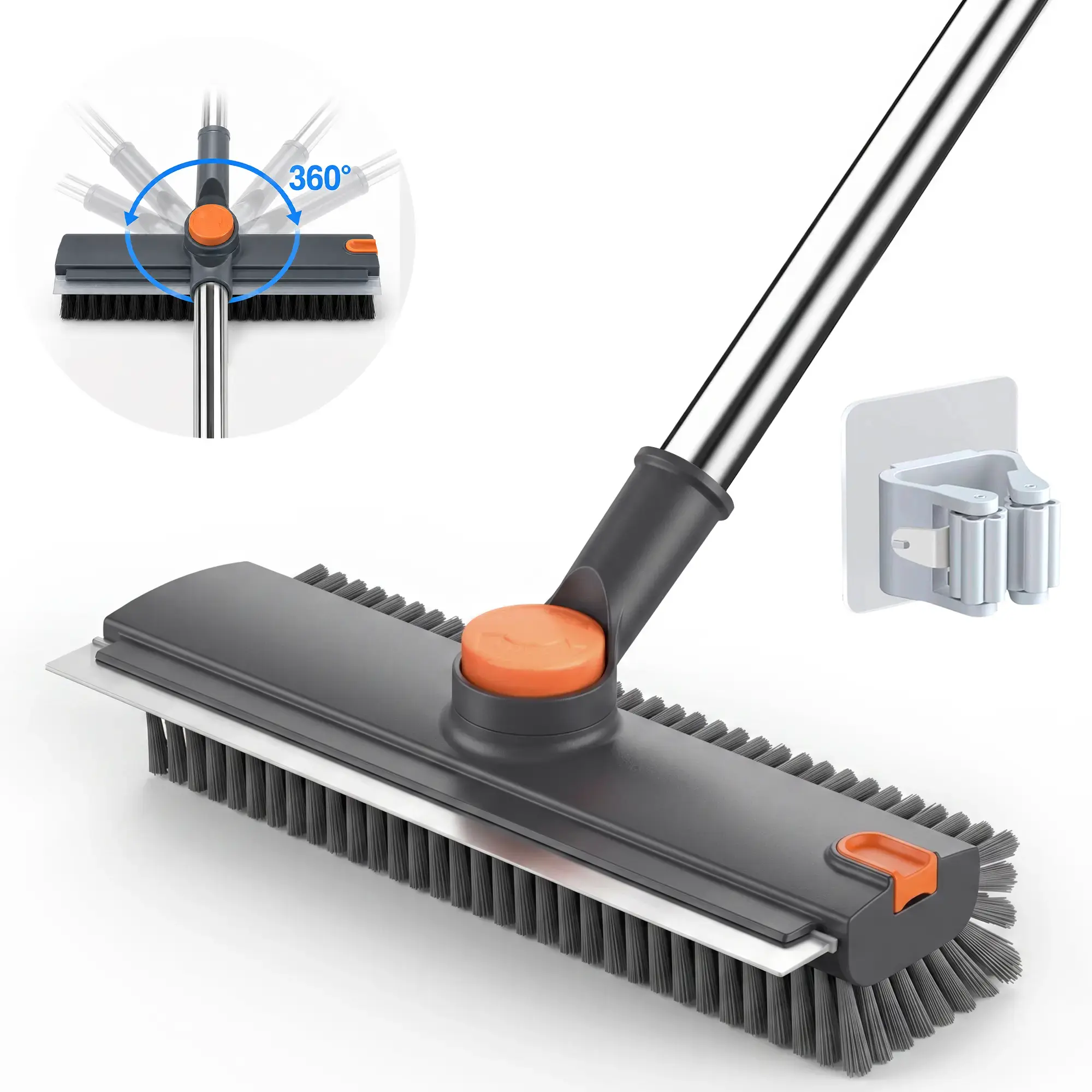 3-in-1 Floor Scrub Bathtub Brush with Long Handle,Double-Sided–HomeCleaning Essentials Scrubber, 360° Rotatable Heavy-DutyStiff Bristles & Squeegee– Scrape & Scrub for cleaning Shower,Bathroom, Patio, Garage, Kitchen, Wall & Deck,hardwood floor cleaning S