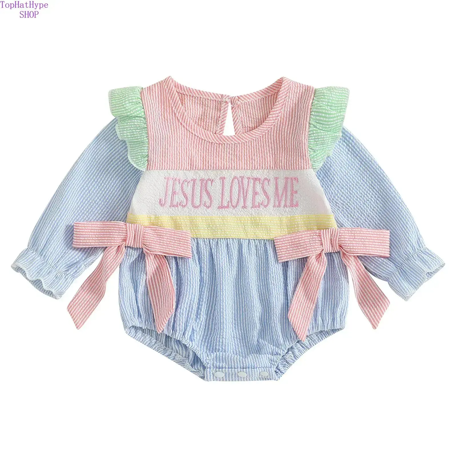 Baby Girl Easter Outfit, Jesus Loves Me Striped Ruffled Sleeve Romper Bodysuit, Bow‑Decorated Christian Baptism Jumpsuit, Soft Lightweight Summer Clothes for Holiday Celebrations, Church Visits & Daily Casual Wear