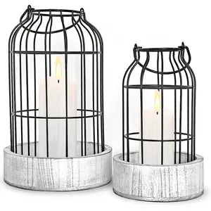 Modern Farmhouse Lantern Decor, Rustic Home Decor Lanterns, Wire Metal Cloche Decorative Candle Holder for Your Living Room, Fireplace Mantle, Bathroom Countertop, Dining Table Ornaments Grey