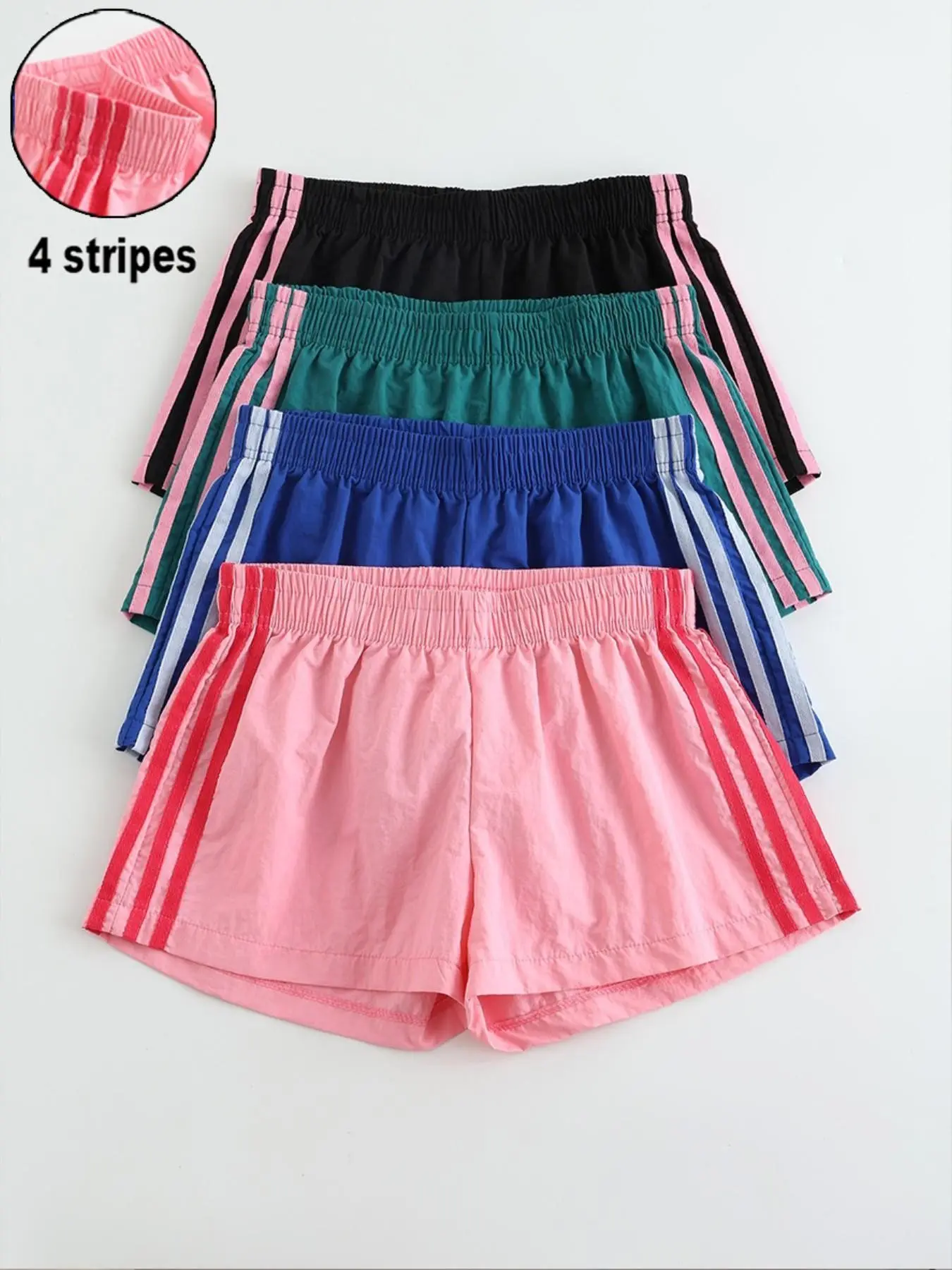 Women's Summer Casual Fashion Camouflage Shorts, Bottoms, Stripe, Striped, Elastic Waist Loose-Fit Lightweight, Trendy Sporty Everyday Style, Perfect for Daily Wear, 4-Pack Set