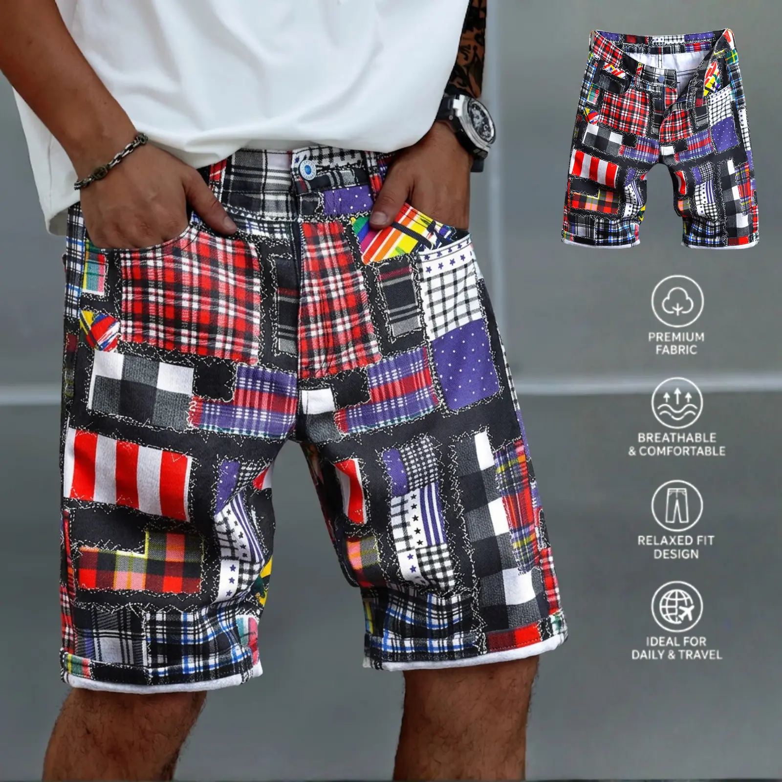 Men's Streetwear Patchwork Shorts, Baggy Mid-Length Fit with Exposed Seams, Mid-Waist, and Button-Front Closure, Casual