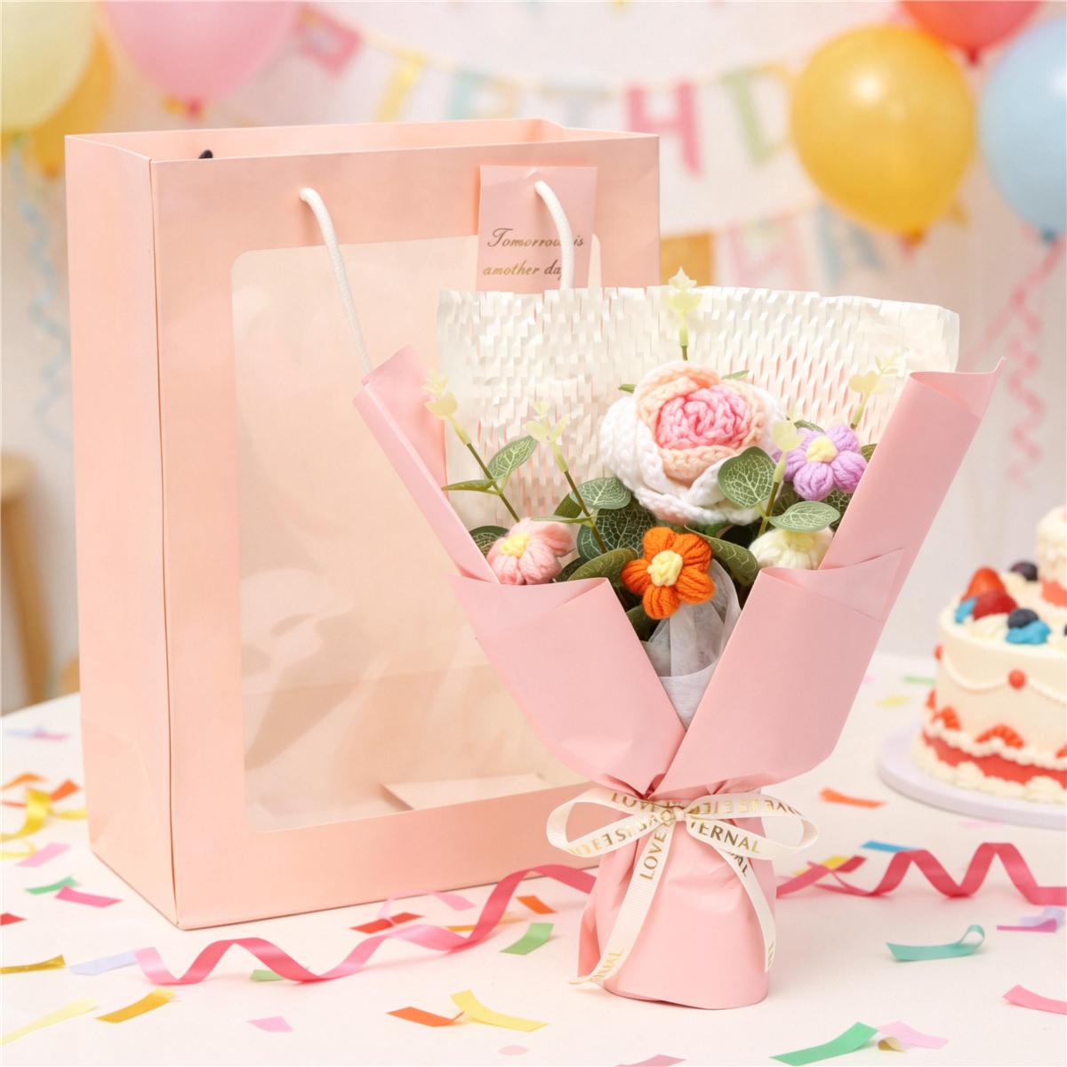 Handmade Pink Flower Bouquet Crochet Rose Perfect Gift for Wife Mother Birthday Anniversary Valentine's Day Mothers Day Christmas