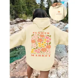Women’s off-shoulder warm lined hooded sweatshirt with floral and letter print; fashionable casual drawstring-hooded sweatshirt with pockets, suitable for daily outdoor wear and vacations; autumn and winter women’s apparel GARMENTARY