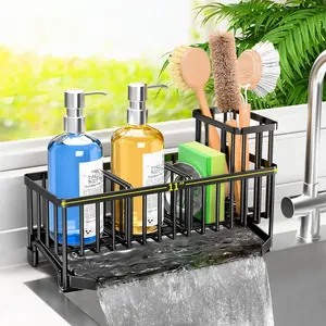 Extra Large 11'' Sink Caddy With Drain Tray Non-slip Kitchen Sink Organizer With 2 Adjustable Dividers High Brush Holder Rustproof Sponge Holder Kitchen Storage Accessories for Counter