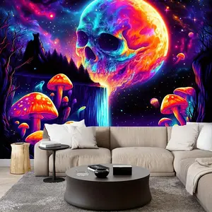 Free Installation Package Included Polyester Mystical Skull Moon & Neon Aesthetic Mushroom Tapestry - Indoor Decor Without Electricity Knit Fabric Wall Hanging for Living Room, Bedroom, Office 60X40 Decoration Colorful