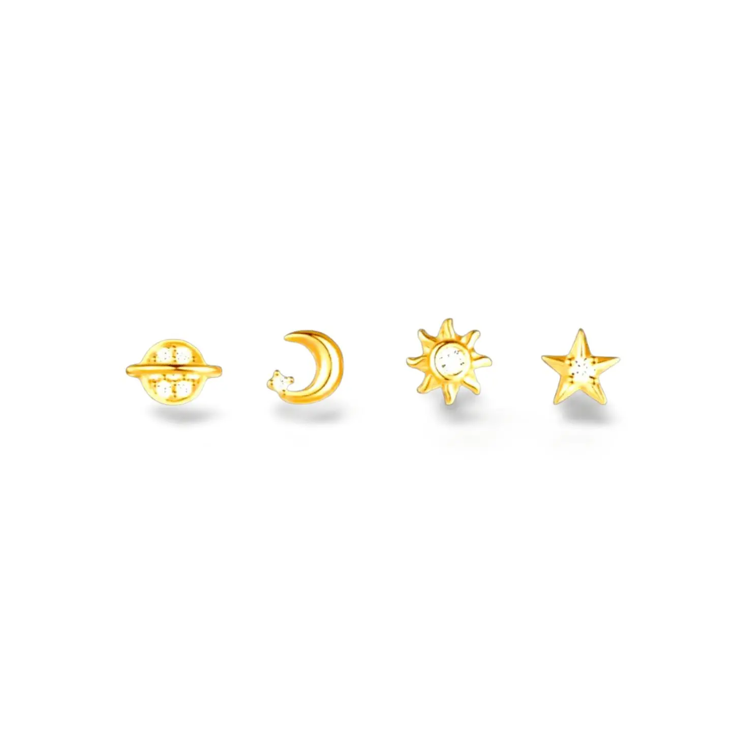 Dainty Modern Sterling Silver Stud Earrings - 4-Piece Set with Saturn, Moon, Stars, Sun