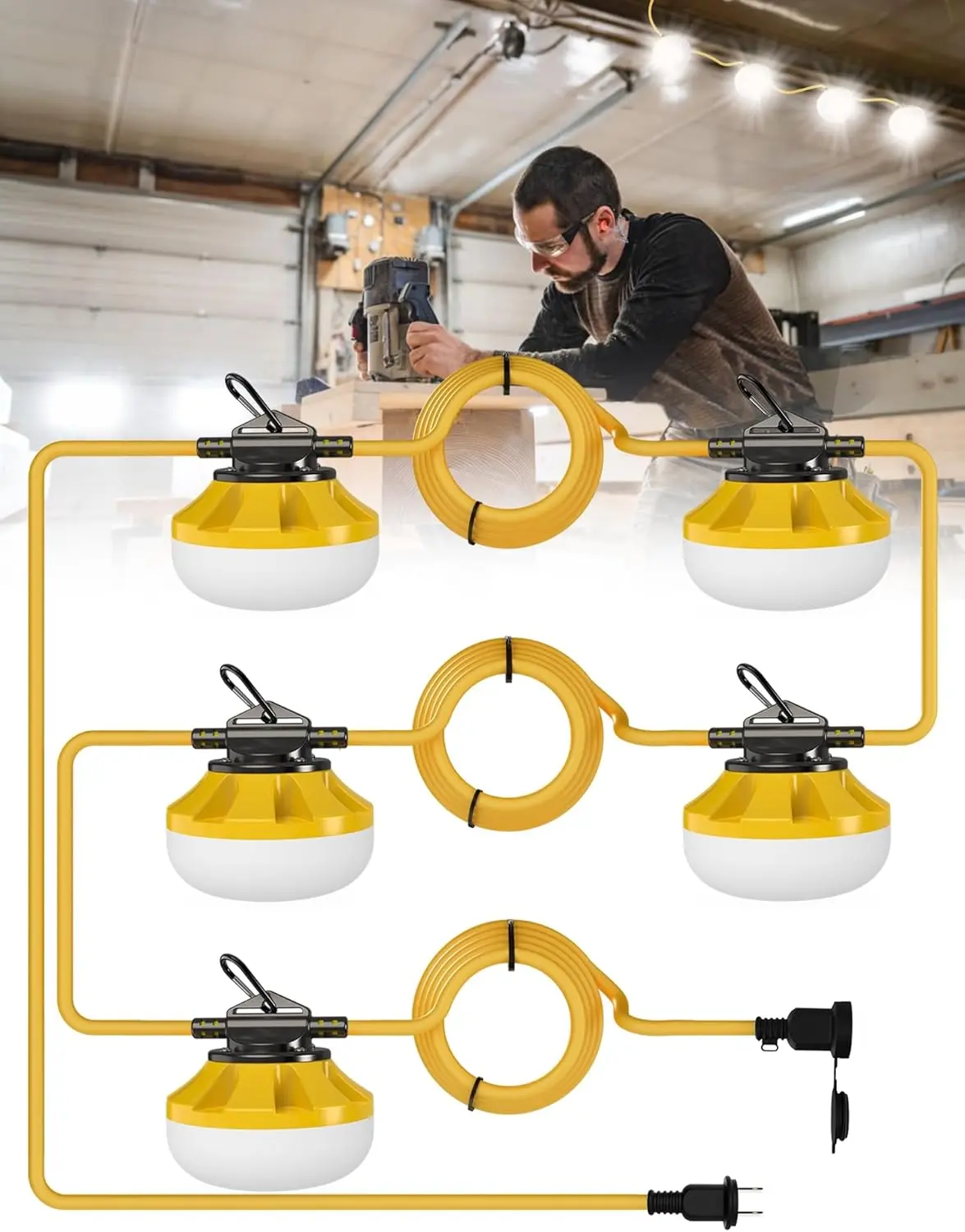 Construction String Lights - 50FT 5-Bulb Linkable LED Work Lights with Snap Hooks, IP65 Waterproof Industrial Temporary Lighting for Adults' Construction Sites, Basement, Workshop, Led Illuminated String Lights