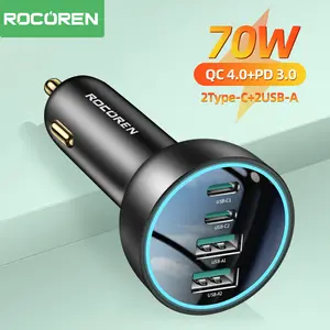 70W USB C Car Charger, Rocoren 4-Port PD Super Fast Charging Type C Car Charger for Multiple Devices, Cigarette Lighter Adapter, USBC Phone Adapter for iPhone 17/17 Air/16/15 Pro Max,Samsung S25,Piexl