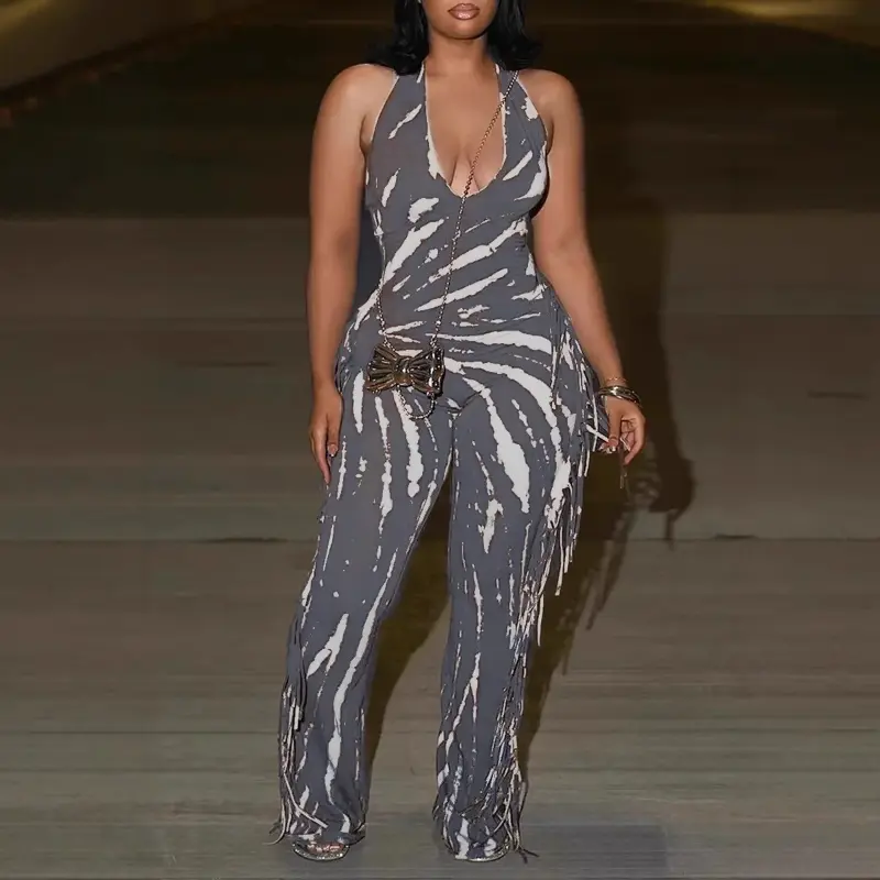 two-piece set woman 2025 Fashion Tassel Print Women's Jumpsuit Sexy Deep V-neck Neck Halter Lace Up Backless Bodycon Rompers Party Women Jumpsuits Summer