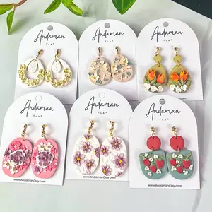 Andaman Floral Collection Bloom Drop Earrings - Handcrafted Polymer Clay with Gold-Plated Stainless Steel Post, Warm Brown Base with White Flowers & Gold Accents