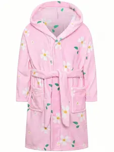 Kids Daisy Floral Bathrobe - Cute Pink Hooded Fleece Robe for Toddler Girls, Ultra Soft Plush Flannel Warm Sleepwear Loungewear with Pockets and Waist Belt, Cozy Nightwear Pajamas Flower Print Shower Gift