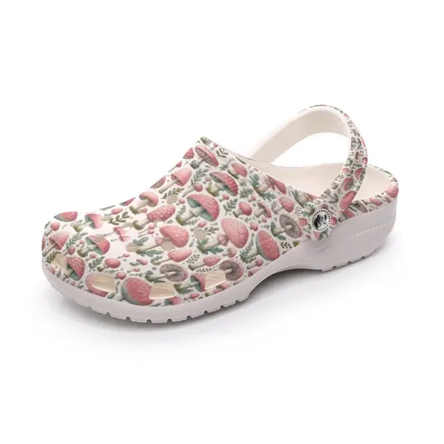 Women's White Mushroom Clogs Lightweight EVA Sandals for Fall Gardening Cottage Core Style Hippie Pink Shroom Print Rubber Sole