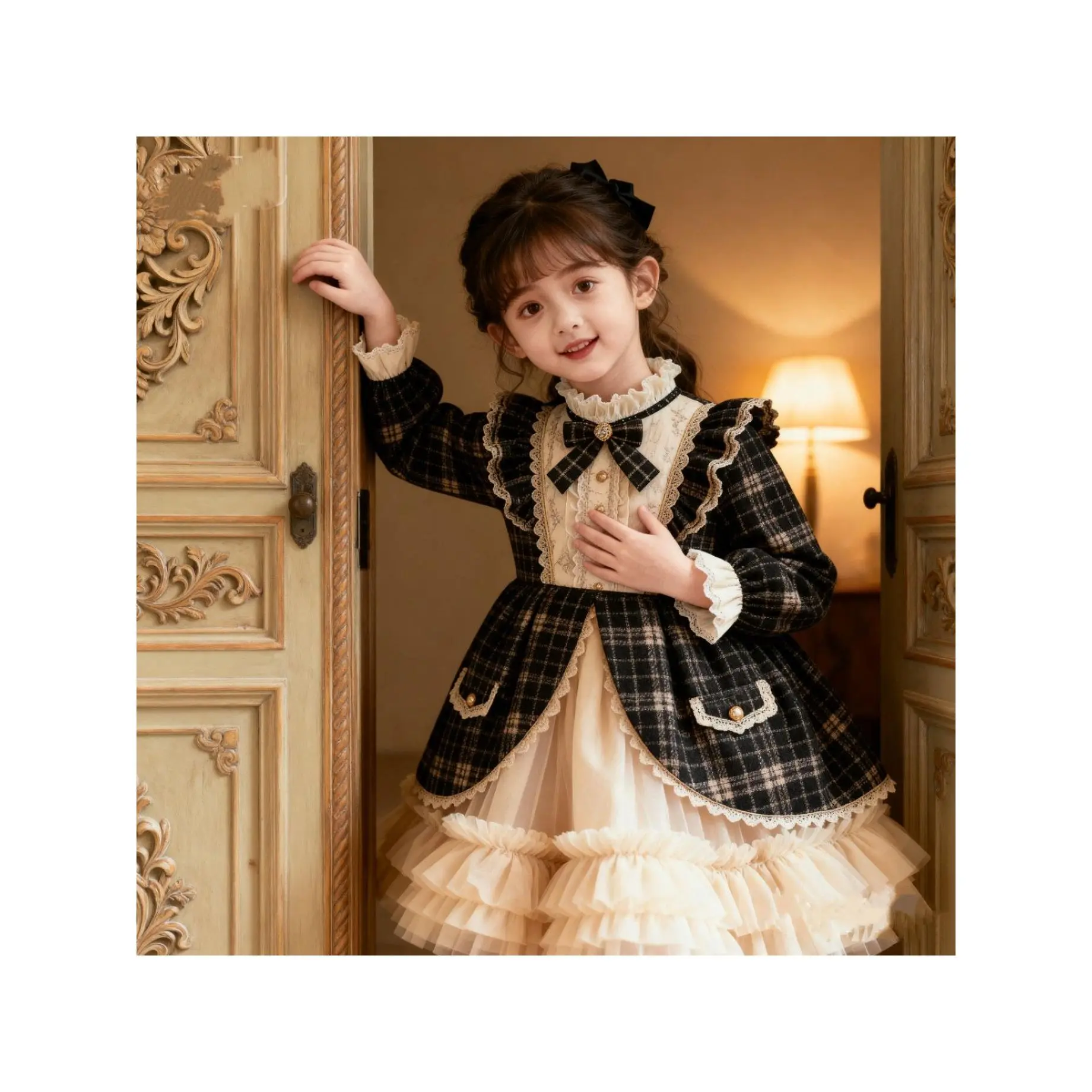 Dreamy Fluffy Tulle Girls Long Sleeve Dress - Winter Princess Party Gown with Knee-Length Skirt, Perfect for Nutcracker Ballet, Holiday Shows & Celebrations