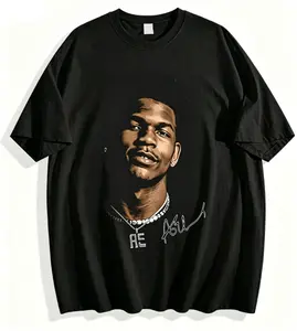 Basketball Star Portrait Signature Oversized T-Shirt, 100% Cotton Hip Hop Streetwear Graphic Tee