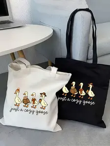 Stylish Women's Tote Bag, Featuring a "Just a Cozy Goose" Duck Print, Large Capacity Women's Shoulder Bag, Sturdy Fabric Shopping Bag, Solid Color Versatile Canvas Bag. Suitable for Vacations, Commuting, And Shopping.