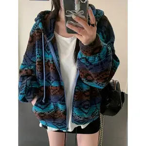 Women's Turquoise Blue/Brown/Black/Beige Southwestern Jacket - Thick Winter Coat with Fringe-Like Hem, Turquoise Button Closure & Elastic Waist Drawstring, Machine Washable Boho-Chic Outerwear for Fall & Winter (Casual or Dressy Events), Fall Jacket Women