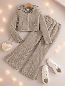Girls' Solid Color Set, Hooded Pocket Long Sleeve Cardigan Jacket with Elastic Waist Pants, Comfortable Casual Fashion, Fine Girls Outfit