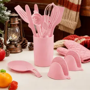 kitchen 31pcsSilicone Kitchen Cooking Utensils Set with Holder – Heat-Resistant, Food-Grade Kitchen Tools, Spatula, Spoon & Gadgets for Non-Stick Pans, Dishwasher Safe (pink/beige) Birthday Cookware