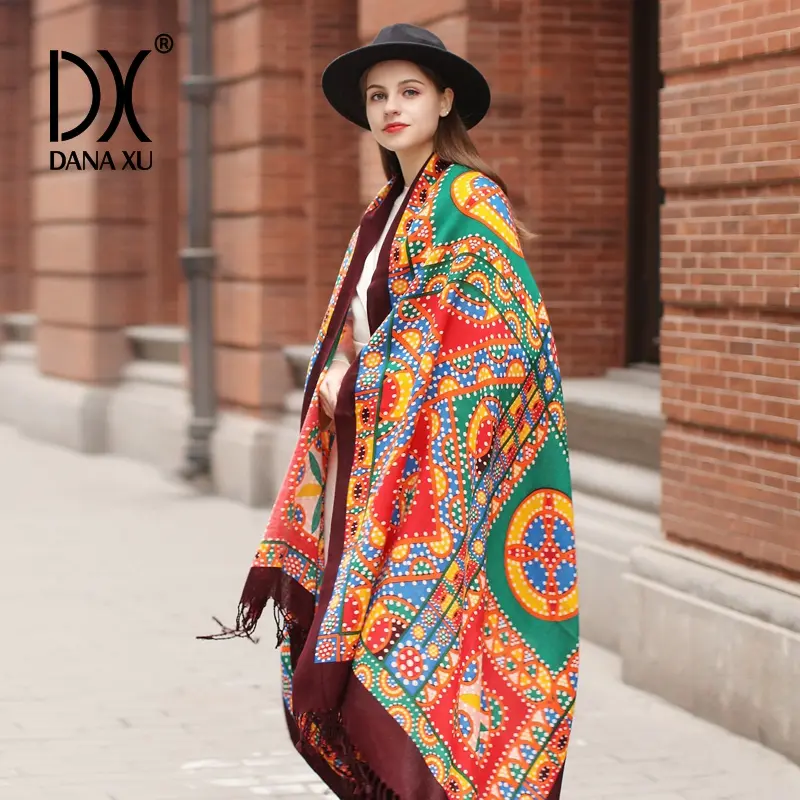 DANA XU 100% Merino Wool Oversize Pashmina Blanket chunky Scarf Soft Cashmere shawl Open Front Floral Wrap Women's Fashion Long poncho Floral Elegant Warmth