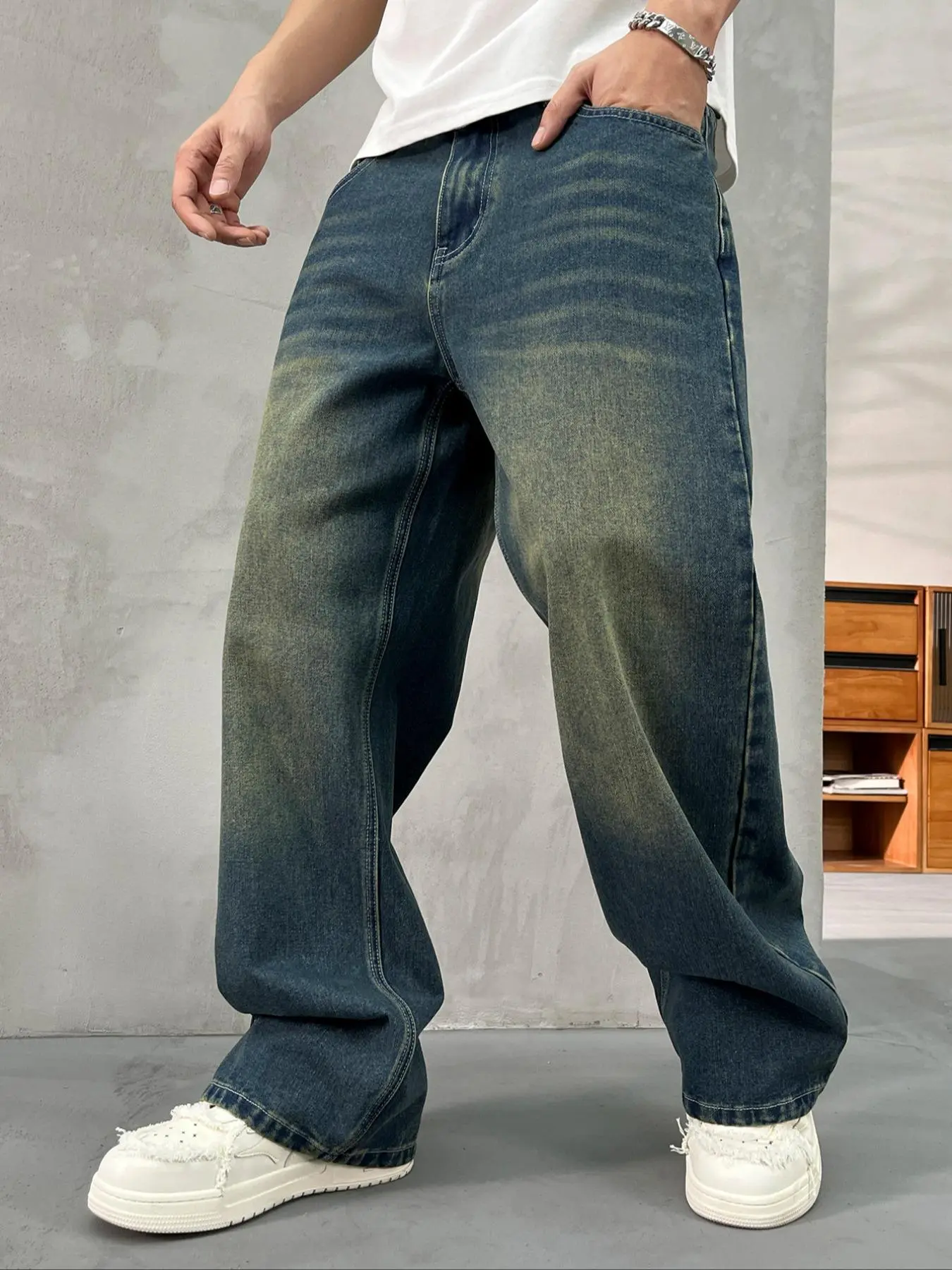 Men's Loose Oversized Baggy Straight Leg Dark Wash Jeans Pants, Vintage Casual Comfy Denim Jeans for Daily Wear, Wide Leg Jeans for Men