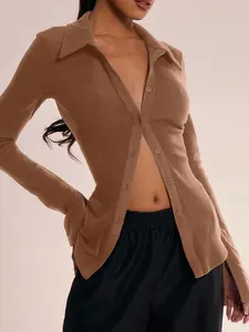 Women's Casual Long Sleeve Shirt Collar Button Design, Fitted Plain Top for All Seasons, Moderate Fabric Women's Clothing, Womenswear