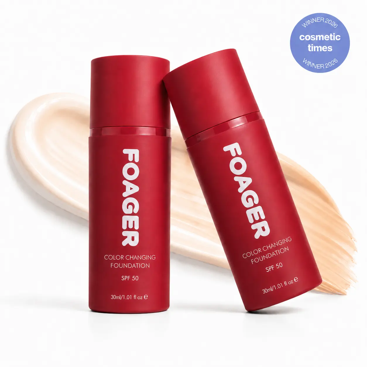 FOAGER Color-Changing Foundation 2-Pack (30ml Each) - SPF 50, Buildable Full Coverage, Long-Lasting Natural Matte Finish, Skin-Adapting for All Skin Types (Light, Medium, Tan, Deep Tones)