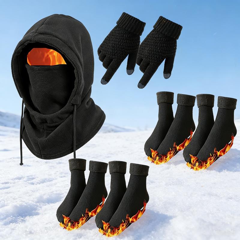 3 or 4-Piece Winter Warmth Set - Windproof and Warm Full-Face Mask Hooded Jacket, Gloves, and Thermal Socks - Extreme Cold Weather Gear for Skiing, Cycling, Snowboarding - Unisex for Adults (Hand Washable) - Ideal Christmas and New Year Gift