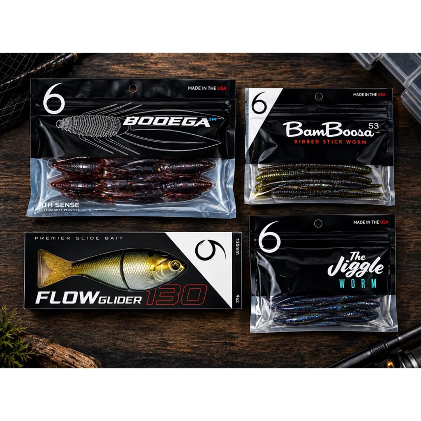 6th Sense Fishing Bundle - Flow Glider 130, Bodega 4.8 Jungle Minnow, Bamboosa 4.3 Worm for Bass Fishing
