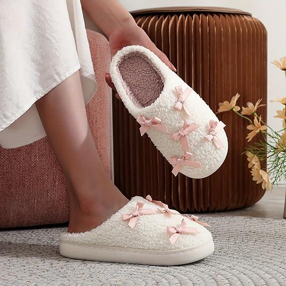 Slippers for Women Cotton Plush Soft Bowknot Memory Foam House Shoes Comfortable & Cozy Indoor Footwear