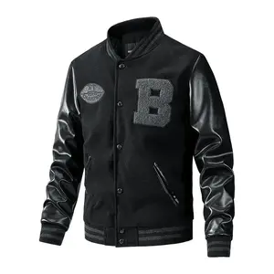 Pocket Button Front Varsity Jacket with Letter 'B' and Leather Sleeves Medium Size Classic Style for Casual Outingsp86V