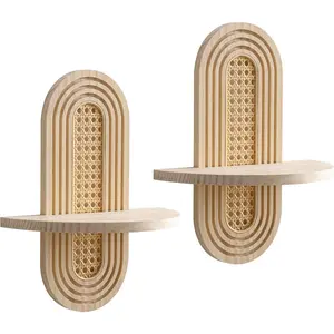 Boho Rattan Wall Shelf, Arch Plant Floating Shelf for Wall Decor, Boho Wooden Wall Art, Farmhouse Hanging Display for Bedroom Living Room Bathroom Nursery Home Office, 14.5" x 11.6"