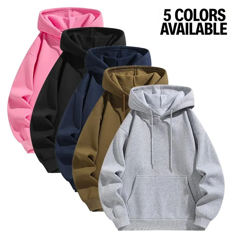 Men’s solid-color hooded pullover sweatshirt with a loose, oversized fit, metal drawstring design, front kangaroo pocket, soft brushed fleece fabric—an everyday casual top that’s easy to match, available in five colors. fall clothes wardrobe winter style