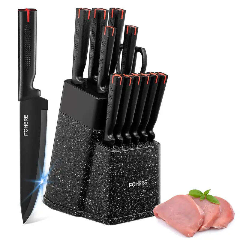 FOHERE 13-Piece Stainless Steel Knife Block Set with Built-in Sharpener, Granite Pattern, Anti-Slip Ergonomic Handle, Rust-Resistant Blades, Black Granite Finish - Durable Knives for Home Goods, Less Hand Fatigue, Maintains Sharpness Up to 3x Longer