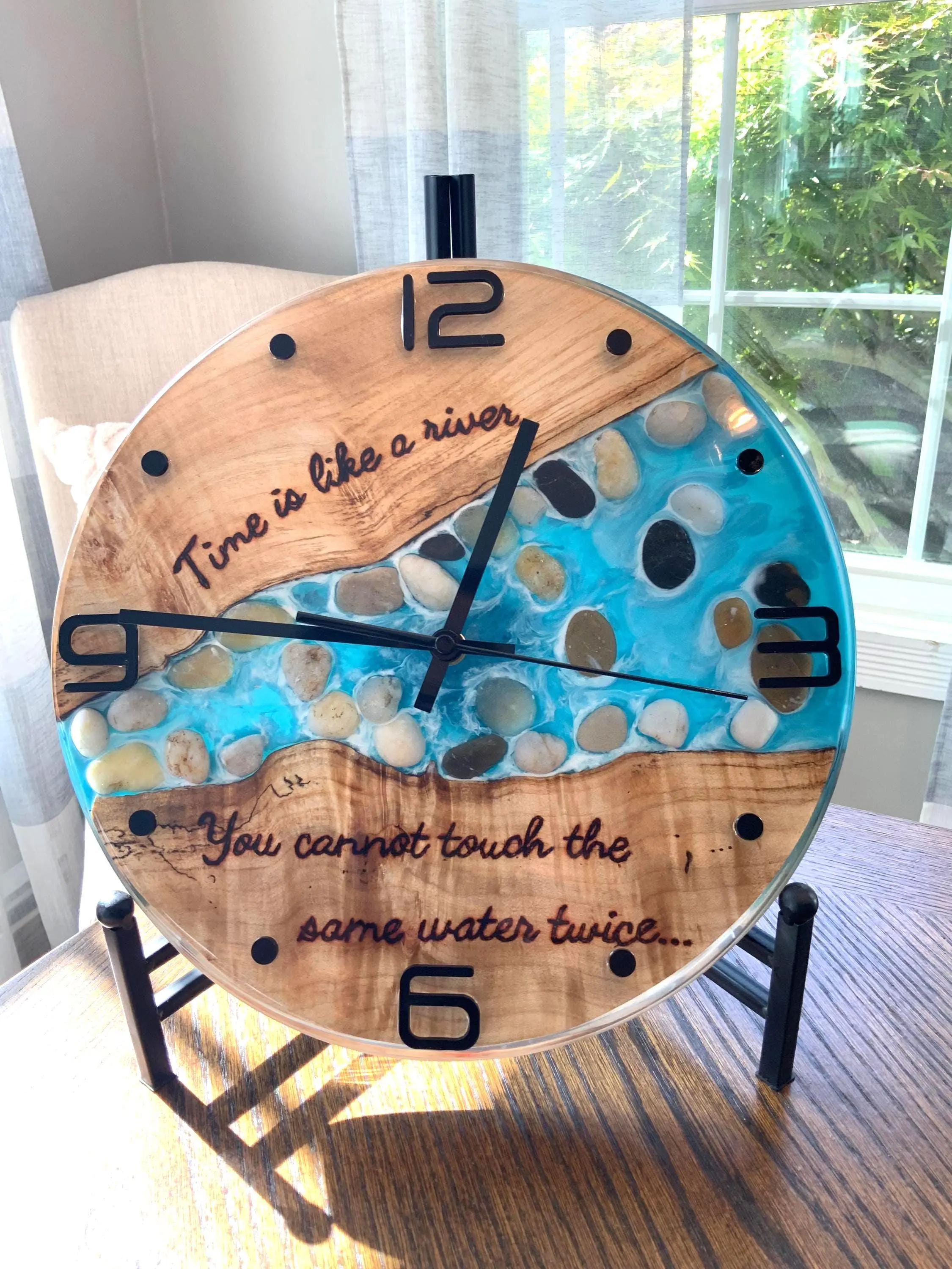 Black Walnut River Analog Clock - Epoxy Resin Wooden Unique Artwork, Hand-Burned Room Decor, Wall or Stand Home Supply, Ideal Gift