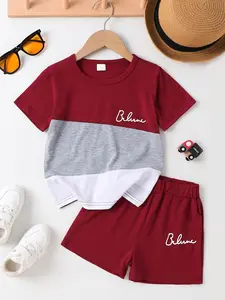 Two-Piece Set Boy's Letter Print Short Sleeve Tee & Shorts, Casual Round Neck T-shirt & Shorts for Summer, Kids Outfit for Daily Wear, Toddler Outfit, Baby Clothing