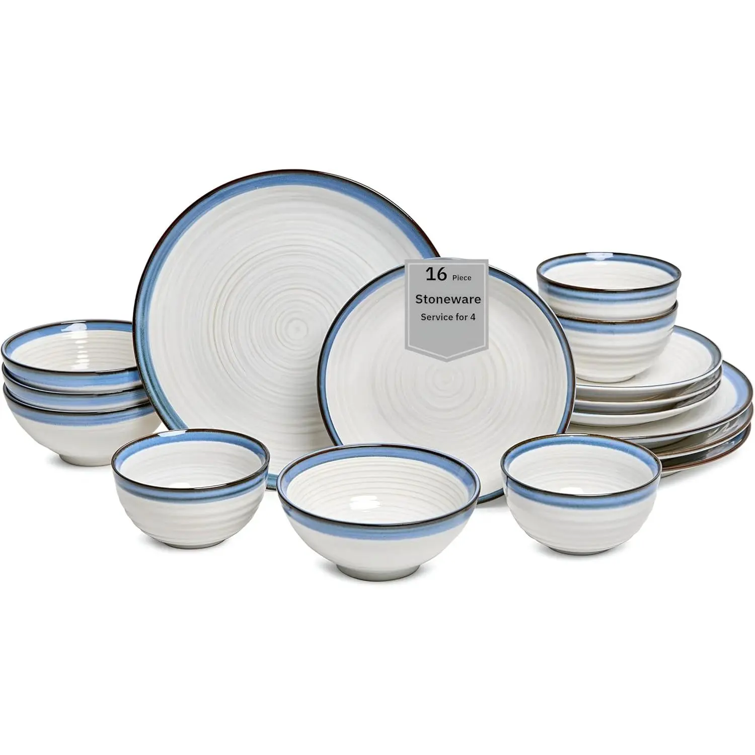 Siterra Santorini 16-Piece White Stoneware Dinnerware Set - Service for 4, Plate & Bowl Set, Rustic White with Reactive Blue Glaze, for Daily Dining & Entertainment, Microwave & Dishwasher Safe