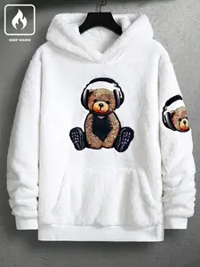 Unisex Fleece Lined Sweatshirt, Cartoon Bear Print, Winter Casual Wear, Warm Pullover for Men & Women, Stylish Daily