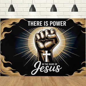 1pc 2D Religious Faith Theme Banner, Black-Gold Color Scheme with Fist Cross & Radiant Light, Solemn & Powerful Vibe, Perfect for Church Events, Religious Celebrations & Spiritual Gatherings Decor Backdrop