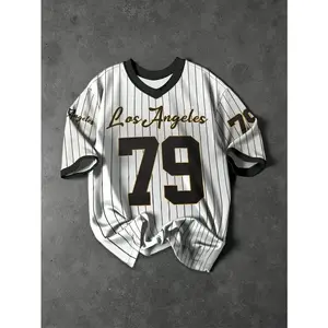 2025 summer new V-neck T-shirt Men's sports printed T-shirt V-neck short-sleeved T-shirt retro baseball chic Athletic Training Apparel Activewear Clothing