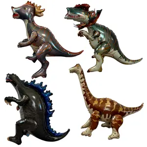 Walking Dinosaur Balloon Set Jumbo Foil Party Decor 4 Piece 3D Inflatable Mylar Balloons with Movable Legs for Kids Party