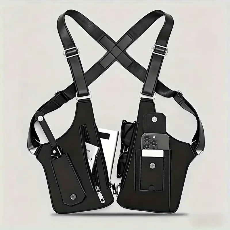 Water-Resist PU Leather Multi-Function Black Crossbody Messenger Bag for Adult Males - Nylon Lining, Multi-Zipper Pockets, Adjustable Straps, Tactical Look, Ergonomic Shoulder Holster, Outdoor Sports Use, Casual Daily Style, Birthday Gift Option