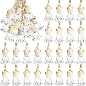 50 count Hanging  Air Freshener  Diffuser Bottles Empty Glass Perfume Bottle Freshener Diffuser Bottle Pendant for Essential Oil   Bottle Ornament(Rose)