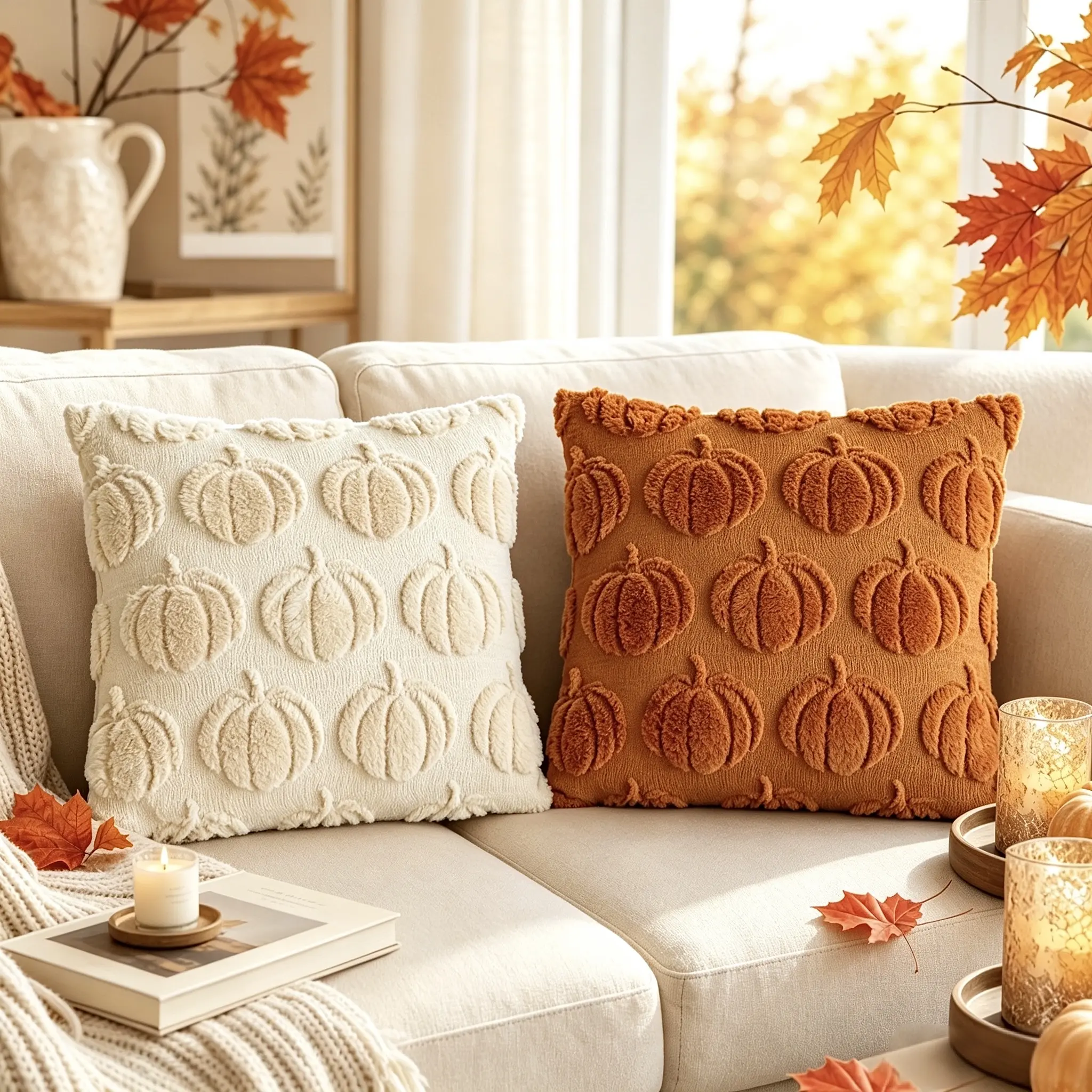 Autumn Fall 3D Pumpkin Embossed 18x18 Inch Square Fluffy Plush Throw Pillow Soft Decorative Sofa Couch Cushion for Bedroom Living Room Thanksgiving Halloween Holiday Farmhouse Home Decor
