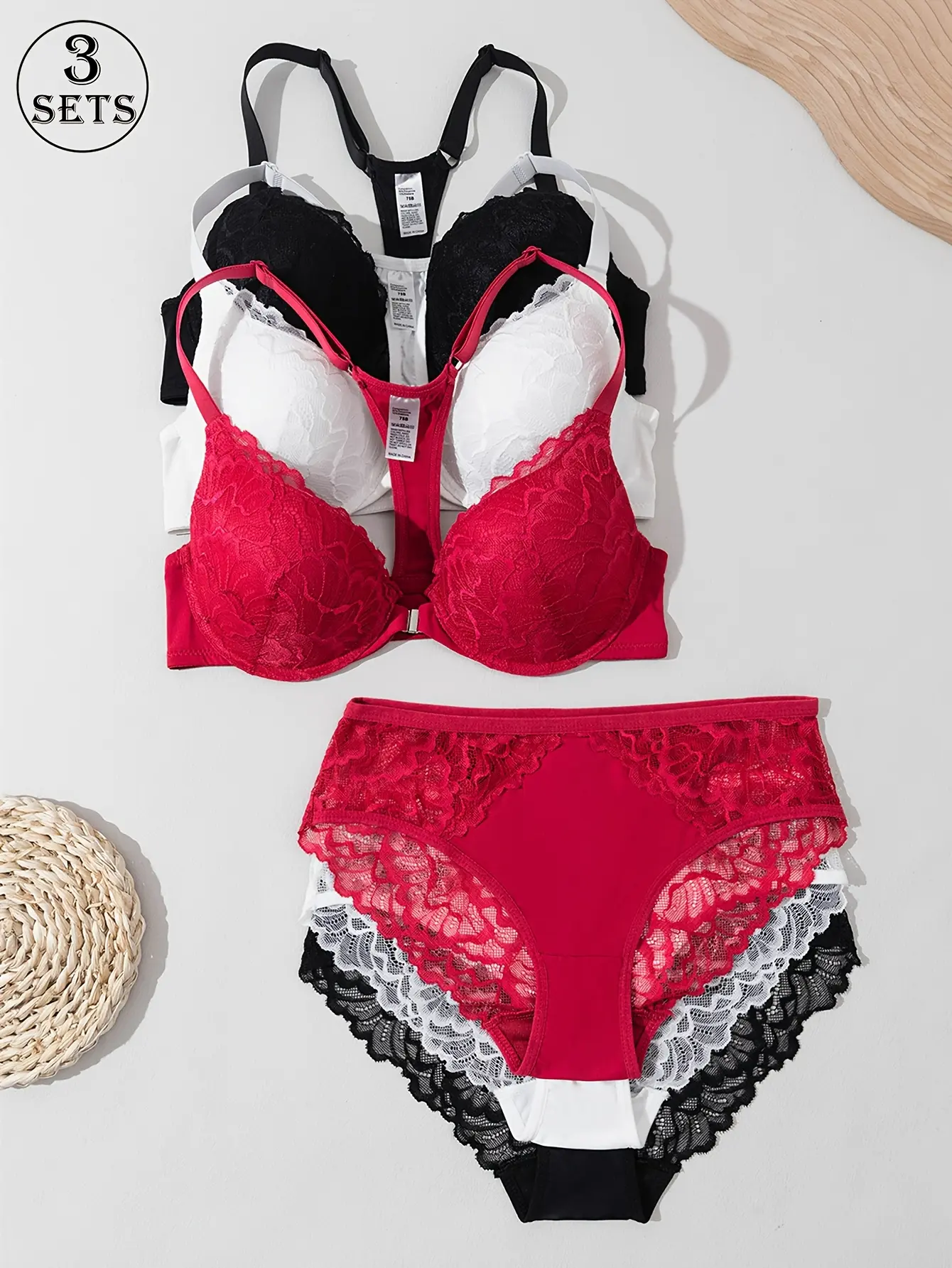 [Lace Bra & Panty Set] 3pcs Women's Elegant & Sexy Full Lace Bra and Panty Matching Underwear Set - Solid Color Low-Rise Underwire Bra with Back-Shaping Front Clasp & Low-Waist Triangle Panties, Breathable Spring Daily Wear Suitable for Daily Use