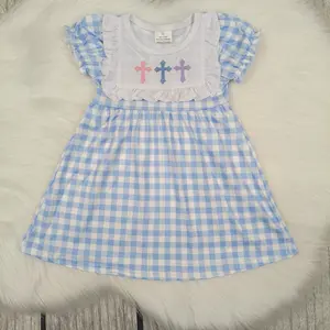 Little Girls' Easter Blue Checkered Short Sleeve Knee-Length Dress with Cross Embroidery Detail, Short Sleeve Dress
