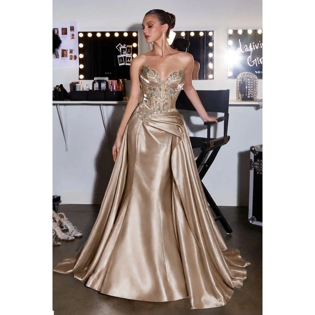 La Divine CDS568 - Fitted Strapless Organza Gown with Overskirt