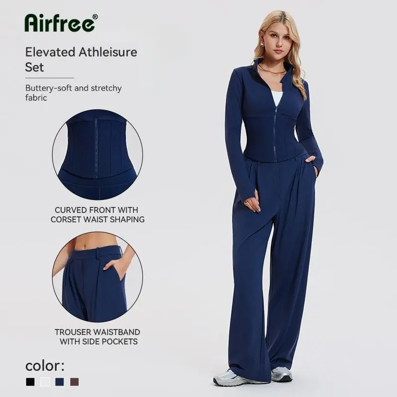 Women's 2-Piece Vintage Athleisure Set - Minimalist Fitted Longsleeve Cropped Jacket, Wide-Leg Floor-Grazing Draping Nylon Blend Pants for Lady, Holiday, Work Ready-To-Wear, Athletic, Chic, Elegant