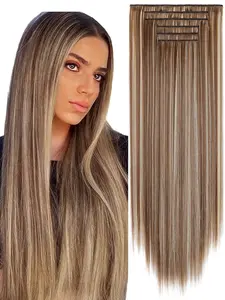 Women's Long Straight Hair Extensions, Heat-Resistant Synthetic Fiber, Natural Invisible Daily Party Use, 6-Piece Clip-In Set, Synthetic Hair Pieces